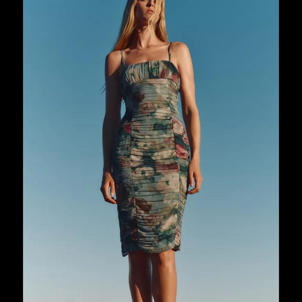 ZARA FLORAL PRINT DRAPED SUMMER MIDI DRESS - BRAND NEW WITH TAG - SIZE XS